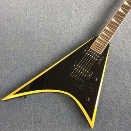 China. Nueva guitarra eléctrica tipo V de alta calidad, de madera de rosa, círculo amarillo borde negro proveedor