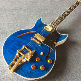 China. Guitarra eléctrica de jazz de alta calidad con Bigsby, tablero de ébano, guitarra con colchas de color Trans-azul proveedor