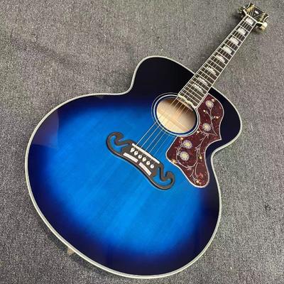 China. Guitar acústica jumbo de 43 pulgadas con tapa trasera de arce flameado personalizado, incrustaciones de abulón y acabado azul sunburst proveedor