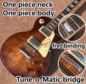 China. Una pieza Cuello una pieza cuerpo guitarra eléctrica, actualizar Tune-o-Matic guitarra de puente Tiger Flame guitarra estándar en bronceadores proveedor