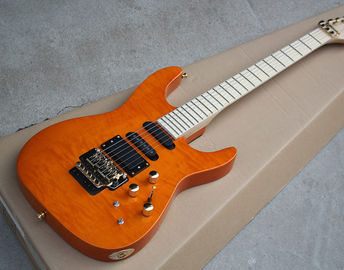 China. Guitarra eléctrica naranja de fábrica con Floyd Rose, 3 pastillas, sin incrustación de trastes, hardware de oro, chapa de arce de llama proveedor