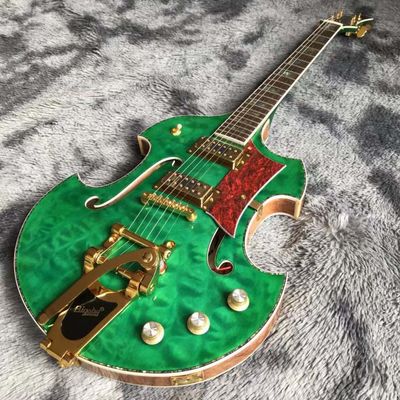 China. Guitarra eléctrica de cuerpo de forma irregular y cuerpo semi-hueco en verde proveedor
