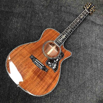 China. Personalizado de madera sólida KOA Top OM Forma del cuerpo Árbol de la vida Incrustación de guitarra acústica Guardador de madera proveedor