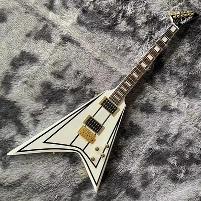 China. Guitarra eléctrica Grand Jack personalizada de color blanco en tiras negras con hardware dorado acepta guitarra OEM proveedor