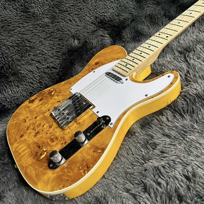 Guitarra eléctrica Tele, Burl Maple Top, Color Amarillo, Cuerpo de caoba, Fingerboard de arce, Enlace único proveedor