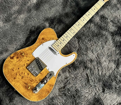 Guitarra eléctrica Tele, Burl Maple Top, Color Amarillo, Cuerpo de caoba, Fingerboard de arce, Enlace único proveedor