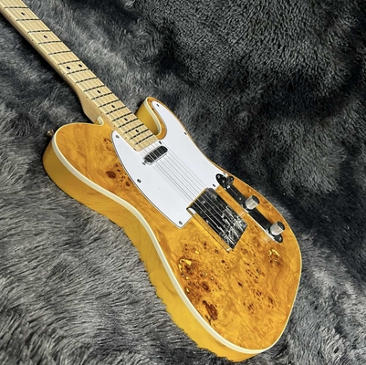 Guitarra eléctrica Tele, Burl Maple Top, Color Amarillo, Cuerpo de caoba, Fingerboard de arce, Enlace único proveedor