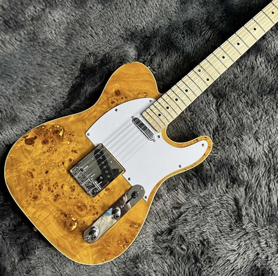 Guitarra eléctrica Tele, Burl Maple Top, Color Amarillo, Cuerpo de caoba, Fingerboard de arce, Enlace único proveedor