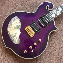 Guitarra eléctrica púrpura de diseño nuevo, con cáscara de mujer hermosa en el cuerpo, guitarras de 6 cuerdas, guitarra de alta calidad proveedor