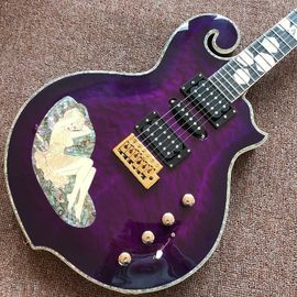 Guitarra eléctrica púrpura de diseño nuevo, con cáscara de mujer hermosa en el cuerpo, guitarras de 6 cuerdas, guitarra de alta calidad proveedor