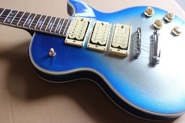 Tienda personalizada Ace Frehley firma 3 pick-ups Azul explosión de plata Brillo cuerpo de caoba LP guitarra eléctrica proveedor