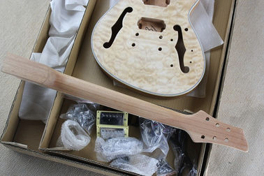 Kit de guitarra eléctrica semi-hueca personalizado ((Partes con cuerpo de caoba y cuello, carilla de arce de llama, hardware cromado, guitarra DIY) proveedor