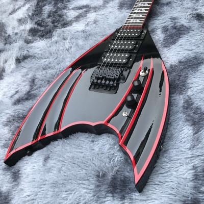 Bat negro personalizado con 6 cuerdas tremolo puente guitarra eléctrica cuerpo de caoba hardware negro proveedor