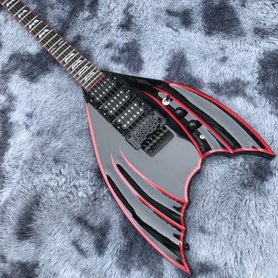 Bat negro personalizado con 6 cuerdas tremolo puente guitarra eléctrica cuerpo de caoba hardware negro proveedor