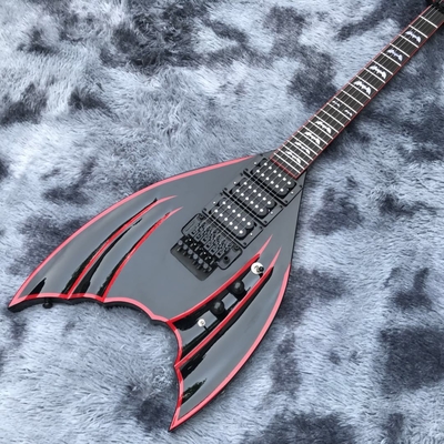 Bat negro personalizado con 6 cuerdas tremolo puente guitarra eléctrica cuerpo de caoba hardware negro proveedor