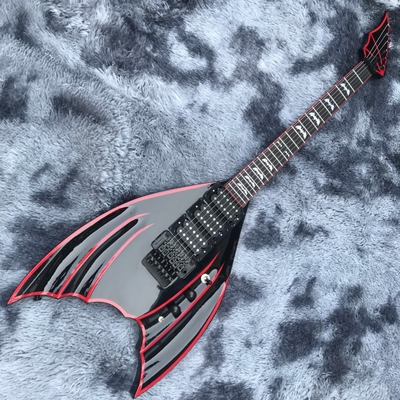 Bat negro personalizado con 6 cuerdas tremolo puente guitarra eléctrica cuerpo de caoba hardware negro proveedor