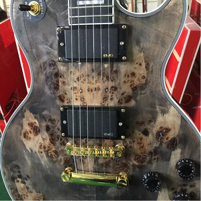Guitarra eléctrica de diseño personalizado GB estilo Les Paul LP Gris Burl Maple Top Hardware de oro proveedor