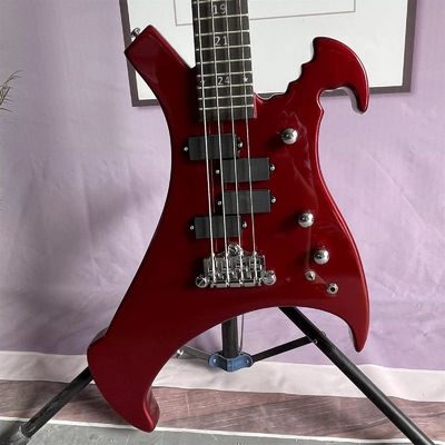 Guitarra de bajo eléctrica de 4 cuerdas personalizada con forma irregular de cuerpo especial en color rojo metálico Cuello de arce proveedor