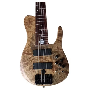 Personalizado 6 cuerdas natural Ash Burl Spalted Maple Top Cuello a través del cuerpo Guitarra de bajo eléctrica Negro Hardware importado, acepta bajo OEM proveedor