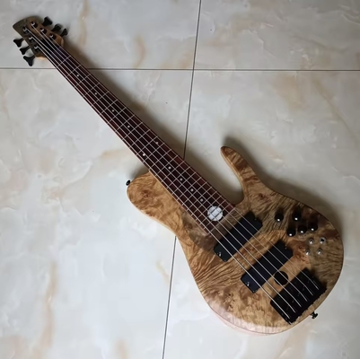 Personalizado 6 cuerdas natural Ash Burl Spalted Maple Top Cuello a través del cuerpo Guitarra de bajo eléctrica Negro Hardware importado, acepta bajo OEM proveedor