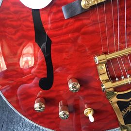 Grand Tremolo transparente rojo y dorado, entrega gratuita, fotografía real de 333 jazz, guitarra eléctrica vieja, tope de arce. proveedor