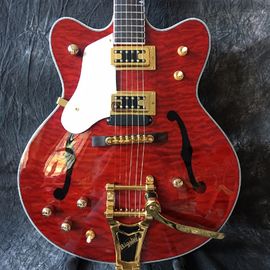 Grand Tremolo transparente rojo y dorado, entrega gratuita, fotografía real de 333 jazz, guitarra eléctrica vieja, tope de arce. proveedor