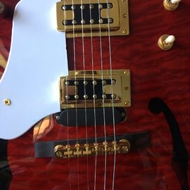 Grand Tremolo transparente rojo y dorado, entrega gratuita, fotografía real de 333 jazz, guitarra eléctrica vieja, tope de arce. proveedor