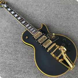 Grand LP guitarra eléctrica negro con bigsby, amarillo cuerpo de unión, 3 pickups, hardware de oro proveedor