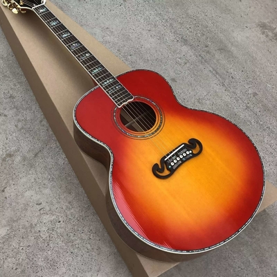 Personalizado 43 pulgadas Cherryburst Firestone sólido Abalón superior incrustación de arce y koa Guitarra acústica lateral proveedor