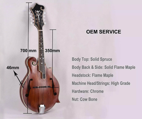 Custom Grand Esculpido a mano de abeto sólido Top 8 cuerdas estilo F Mandolin, acepta Mandolin OEM proveedor