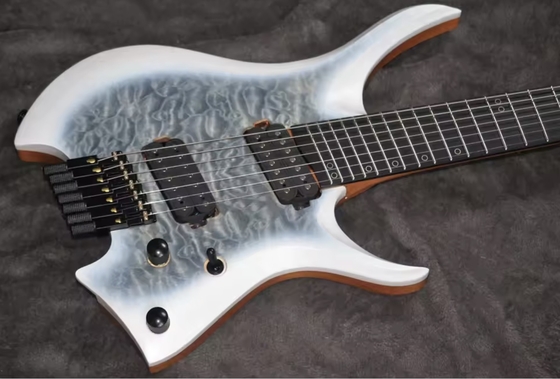 2025 Frets ventilados 7 cuerdas Guitarra eléctrica sin cabeza Color blanco con eye Poplar 5 capas Arce asado proveedor