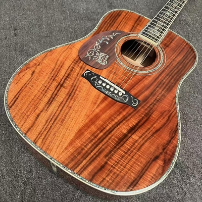 Guitarra acústica de mano izquierda D Cuerpo sólido Koa Top con KOA Madera de lado trasero Abalone Enlace de árbol de la vida de lujo Guitarra KOA OEM proveedor