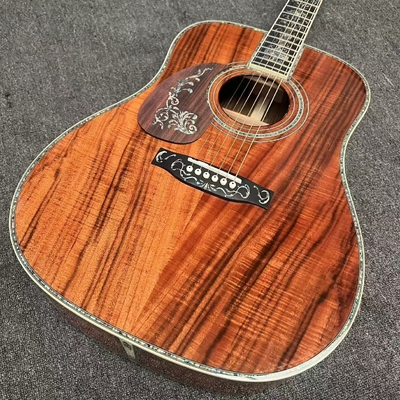 Guitarra acústica de mano izquierda D Cuerpo sólido Koa Top con KOA Madera de lado trasero Abalone Enlace de árbol de la vida de lujo Guitarra KOA OEM proveedor