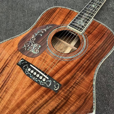 Guitarra acústica de mano izquierda D Cuerpo sólido Koa Top con KOA Madera de lado trasero Abalone Enlace de árbol de la vida de lujo Guitarra KOA OEM proveedor