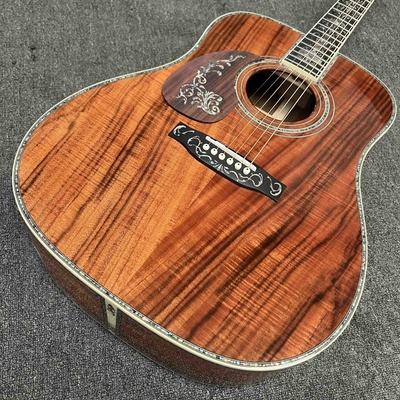 Guitarra acústica de mano izquierda D Cuerpo sólido Koa Top con KOA Madera de lado trasero Abalone Enlace de árbol de la vida de lujo Guitarra KOA OEM proveedor