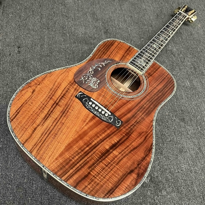 Guitarra acústica de mano izquierda D Cuerpo sólido Koa Top con KOA Madera de lado trasero Abalone Enlace de árbol de la vida de lujo Guitarra KOA OEM proveedor