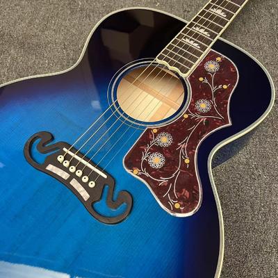 Guitar acústica jumbo de 43 pulgadas con tapa trasera de arce flameado personalizado, incrustaciones de abulón y acabado azul sunburst proveedor