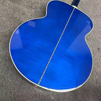 Guitar acústica jumbo de 43 pulgadas con tapa trasera de arce flameado personalizado, incrustaciones de abulón y acabado azul sunburst proveedor