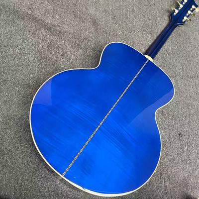 Guitar acústica jumbo de 43 pulgadas con tapa trasera de arce flameado personalizado, incrustaciones de abulón y acabado azul sunburst proveedor