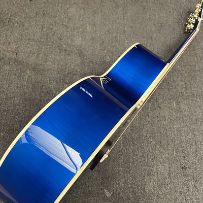 Guitar acústica jumbo de 43 pulgadas con tapa trasera de arce flameado personalizado, incrustaciones de abulón y acabado azul sunburst proveedor