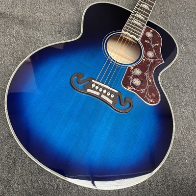 Guitar acústica jumbo de 43 pulgadas con tapa trasera de arce flameado personalizado, incrustaciones de abulón y acabado azul sunburst proveedor