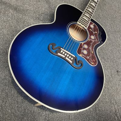 Guitar acústica jumbo de 43 pulgadas con tapa trasera de arce flameado personalizado, incrustaciones de abulón y acabado azul sunburst proveedor