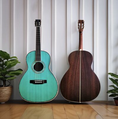 Guitarra acústica personalizada O28 Parlor con parte trasera de palisandro macizo con tuerca de 45 mm de ancho, guitarra O pequeña con acabado en azul satinado proveedor
