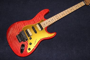 Nuevo de alta calidad, rojo Tiger Flame Guitarra eléctrica Bajo de madera sólida Cuerpo de estrato de arce Fingerboard rueda de acero Cuerdas proveedor