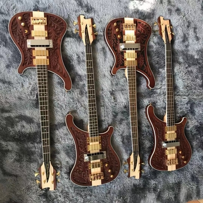 Grand Rickenbacker estilo personalizado 4 cuerdas Cuello a través del cuerpo Bajo eléctrico Guitarra esculpida Top Fábrica de instrumentos musicales proveedor